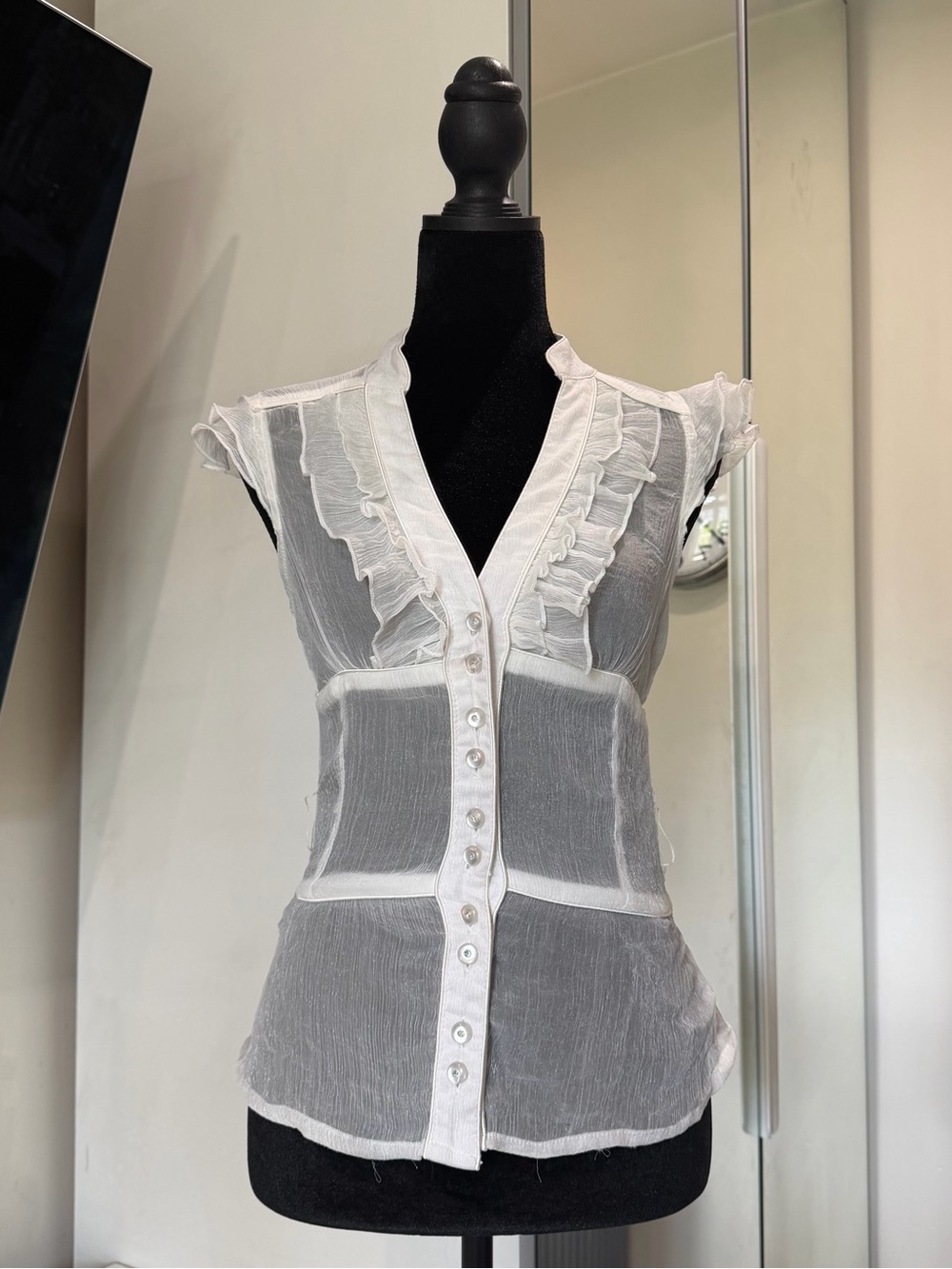 Vintage Y2K Sanjoy Sheer White Ruffle Button Front Blouse